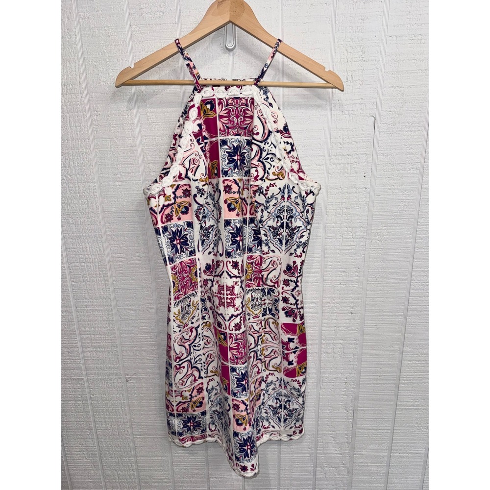 Crown & Ivy Halter Dress Women Multicolor Tile Print Lace Trim Scallop Size 10